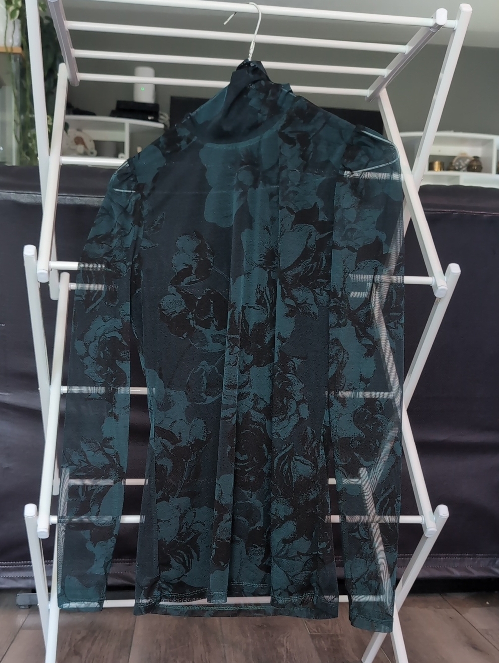 Sheer Floral Mock Neck Top in Dark Teal and Black